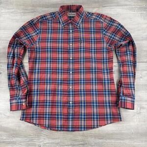 Barbour Dress Shirt Men Medium Red Blue Highland Check Chambray Tailored Fit EUC